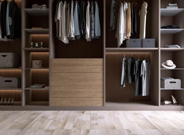walk in closet modern with clothes hanging, boxes & baskets